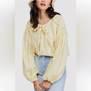 FREE PEOPLE Womens Yellow Embroidered Long Sleeve Scoop Neck Blouse XS